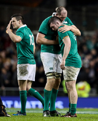 Devin Toner celebrates at the final whistle with Peter O'Mahony