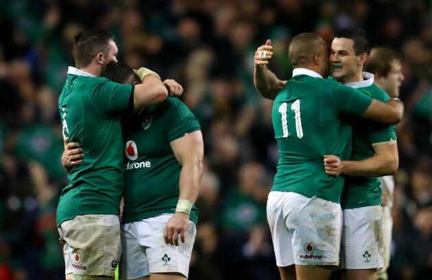 Peter O’Mahony and Cian Healy celebrates with Simon Zebo and Johnny Sexton