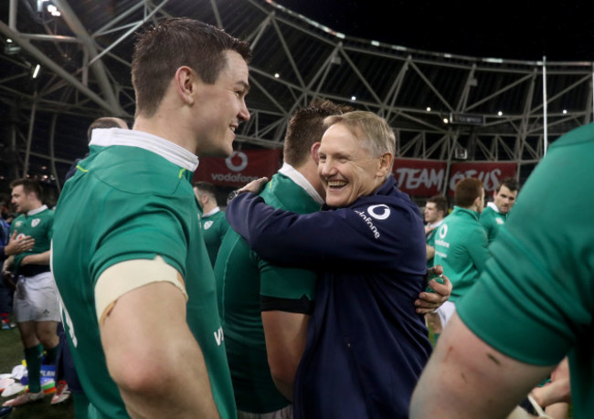 Joe Schmidt celebrates winning with CJ Stander and Jonathan Sexton