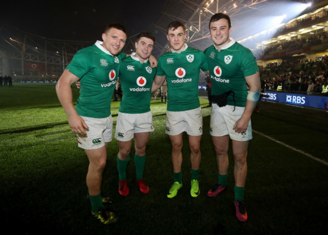 Andrew Conway, Luke McGrath, Garry Ringrose and Robbie Henshaw celebrate winning