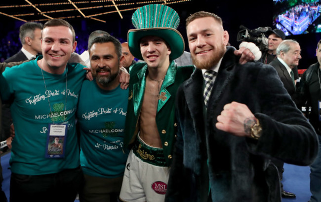 Michael Conlan celebrates with Matthew Macklin, Manny Robles and Conor McGregor