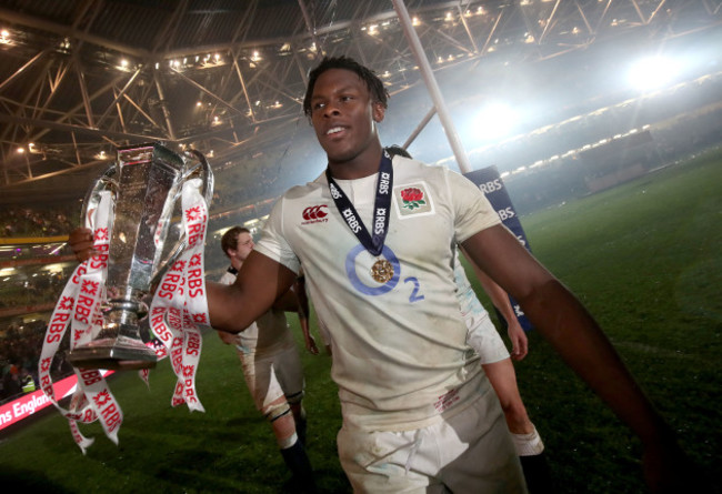 Maro Itoje celebrates