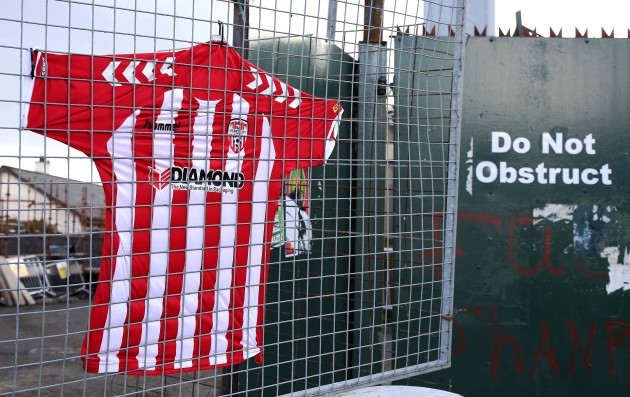 The Derry City number 5 jersey outside The Brandywell Stadium in memory of the late Derry City captain Ryan McBride