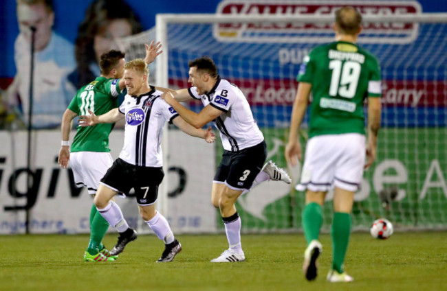 Daryl Horgan celebrates scoring his sides second goal with Brian Gartland