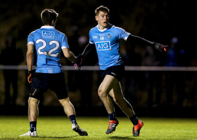 Con O’Callaghan celebrates scoring a goal with Chris Sallier