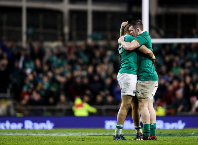 Simon Zebo celebrates at the final whistle with Peter O'Mahony