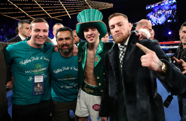 Michael Conlan celebrates with Matthew Macklin, Manny Robles and Conor McGregor