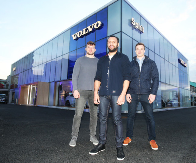 Leinster Rugby players and Volvo ambassadors Jordi Murphy, Isa Nacewa and Josh Van Der Flier at the launch of the new Spirit Motors Volvo Showroom in Sandyford