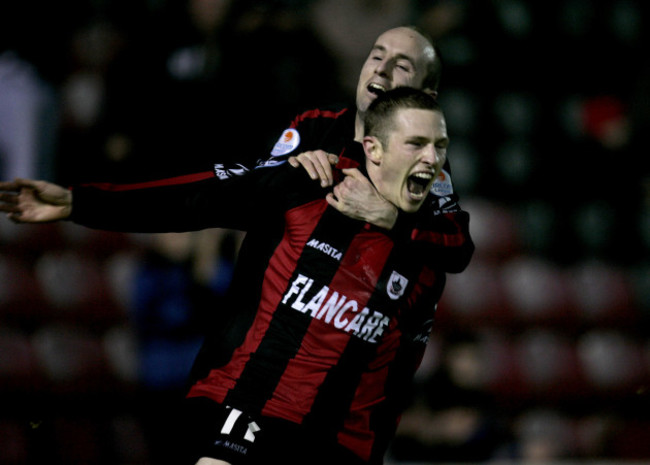 Sean Prunty is congratulated by teammate Alan Kirby