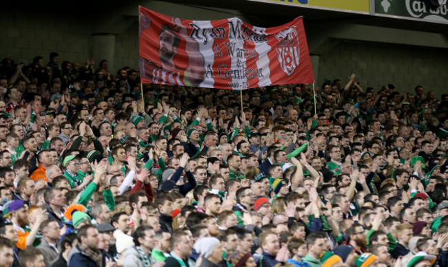 Ireland supporters pay their respects to the late Derry City Captain Ryan McBride