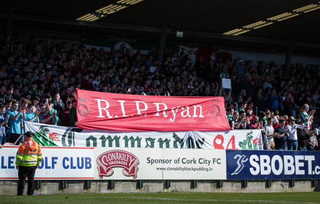 Cork fans with a banner in memory of Derry City captain Ryan McBride