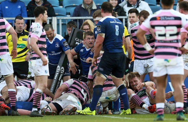 Ross Maloney gets up after scoring Leinster’s third try