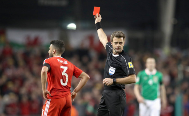 Neil Taylor is sent off Referee Nicola Rizzoli