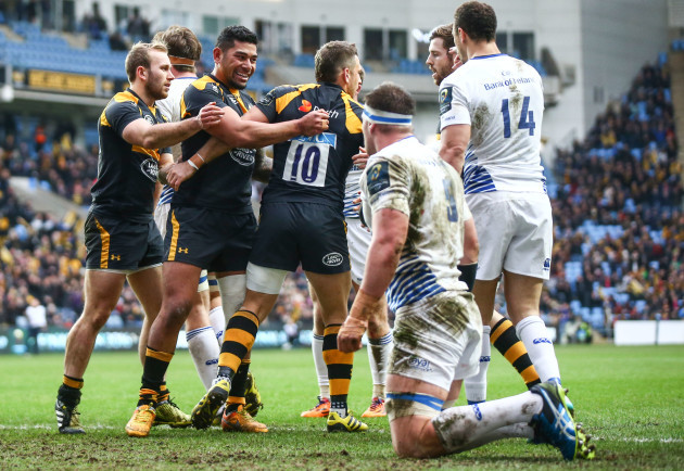 Jimmy Gopperth celebrates scoring his sides first try with Charles Piutau and Dan Robson
