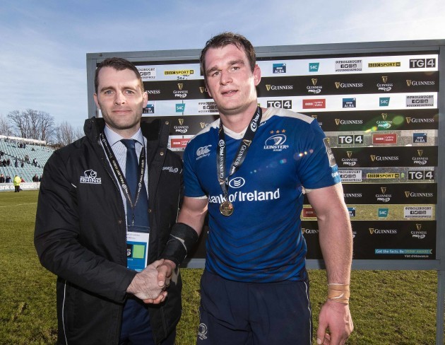 Rhys Ruddock is presented with the Guinness PRO12 Man of the Match award