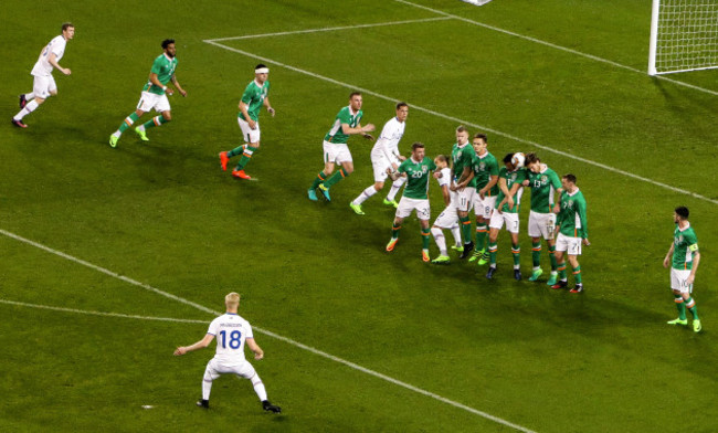 Hordur Bjorgvin Magnusson scores their first goal from a free kick