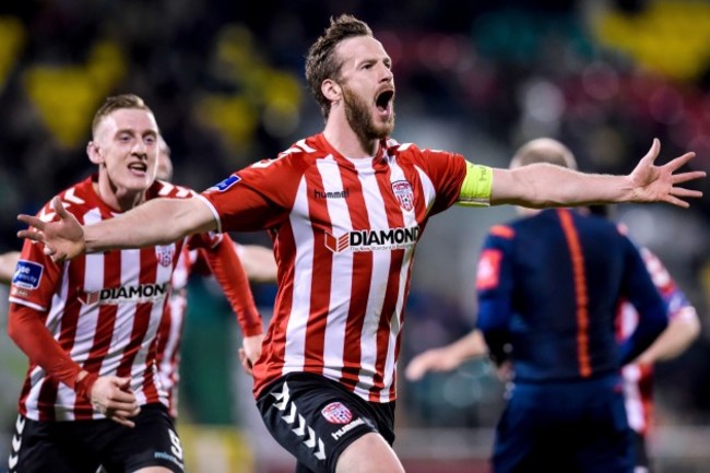 Ryan McBride celebrates scoring a a goal