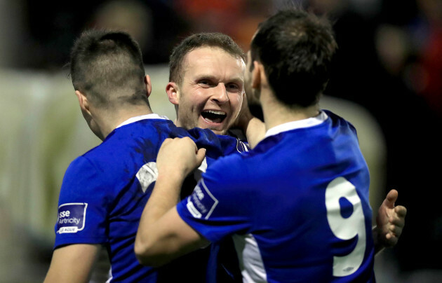 Conan Byrne celebrates scoring his second goal of the game