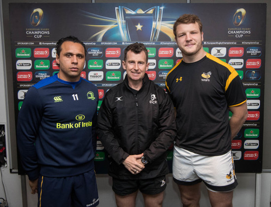 Isa Nacewa and Joe Launchbury with Referee Nigel Owens at the coin toss