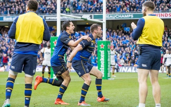 Fergus McFadden celebrates scoring a try