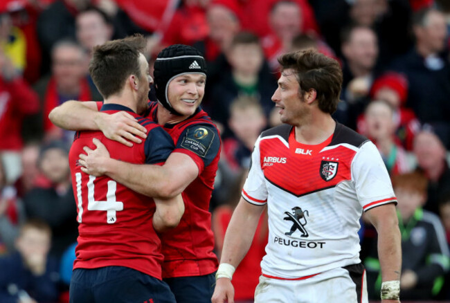Darren Sweetnam celebrates his try with Tyler Bleyendaal