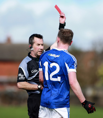 Eoin Lowry is shown a red card by referee Eamon O'Grady