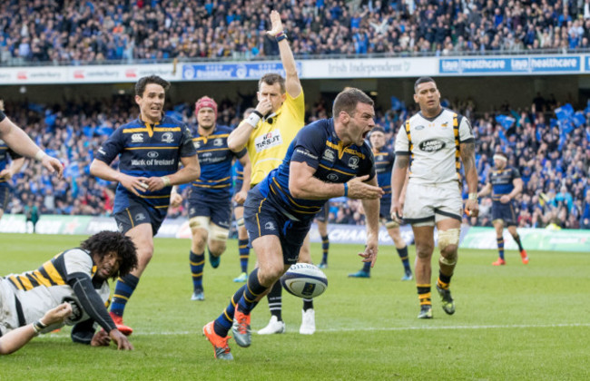 Fergus McFadden celebrates scoring a try