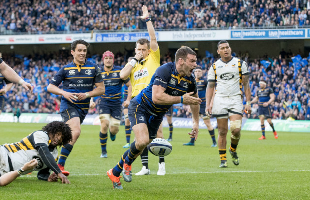 Fergus McFadden celebrates scoring a try