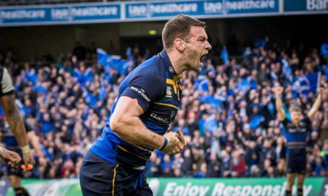 Fergus McFadden celebrates scoring a try