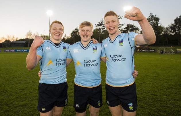 Gavin Mullen, Tommy O'Brien and Ciaran Frawley celebrate after the game