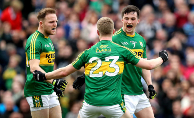 Darran O'Sullivan, Paul Murphy and Gavin Crowley celebrate at the final whistle