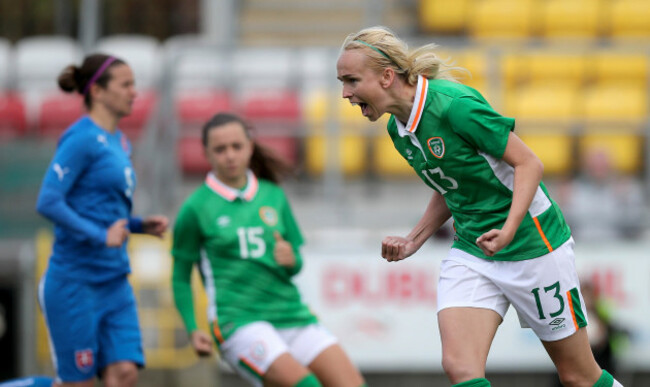 Stephaine Roche celebrates scoring their first goal of the game with a penalty