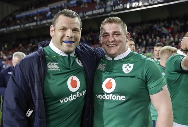 Mike Ross and Tadgh Furlong celebrate after the match