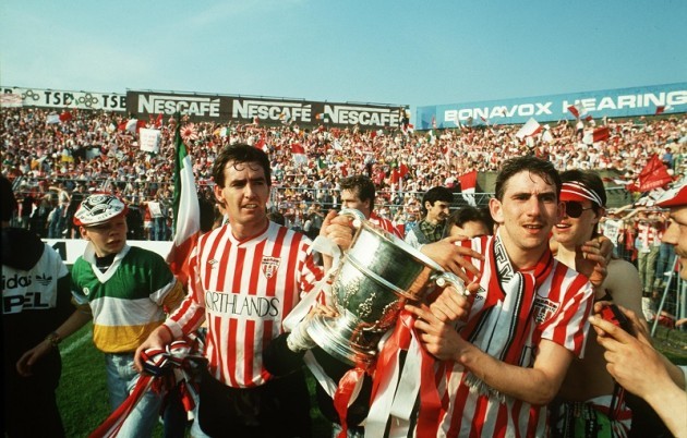 Noel Larkin and Paul Carlyle of Derry City with the FAI cup in 1989 23/2/2010