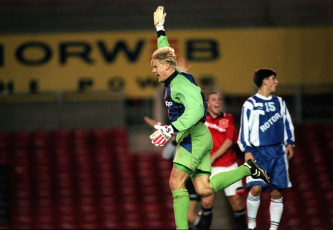 Peter Schmeichel celebrates a goal