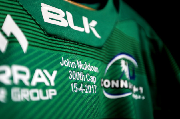 A view of John Muldoon's match jersey marking his 300th Connacht appearance