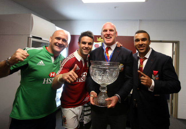 Eanna Falvey, Conor Murray, Paul O'Connell and Simon Zebo celebrate with the trophy