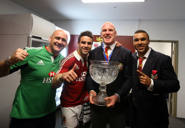 Eanna Falvey, Conor Murray, Paul O'Connell and Simon Zebo celebrate with the trophy