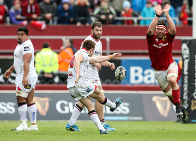 Paddy Jackson attempts a late drop goal