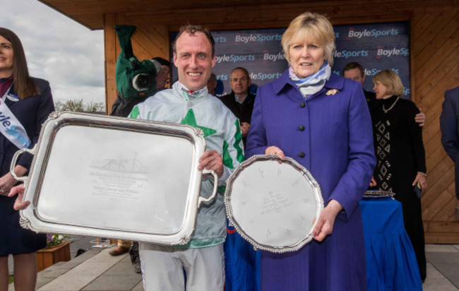 Robbie Power celebrates winning the Boylesports Irish Grand National on Our Duke with Jessica Harrington