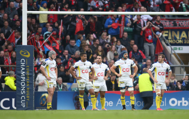 Disappointed Clermont Auvergne players Jonathan Davies Wesley Fofana Ludovic Radoslavjevic Julien Pierre and Camille Lopez