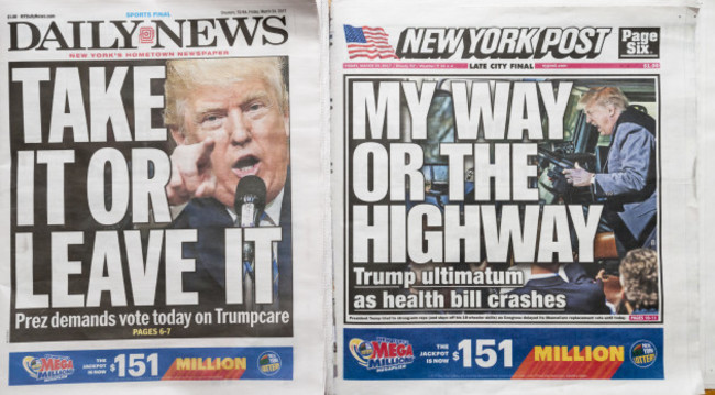 NY: New York newspapers report on Trump Obamacare ultimatum