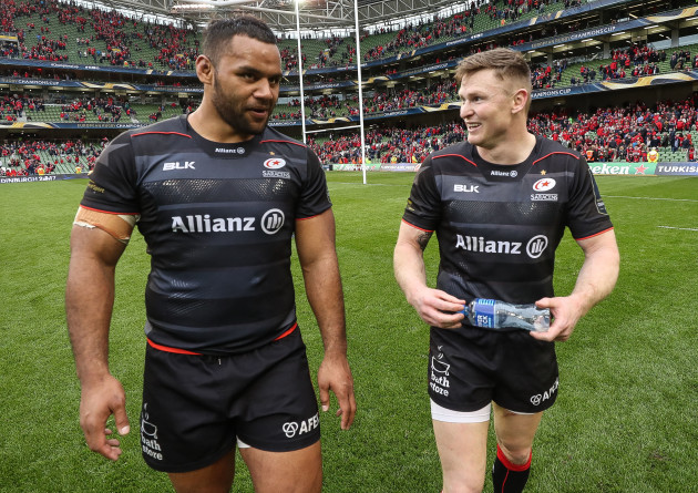 Billy Vunipola and Chris Ashton celebrate after the game