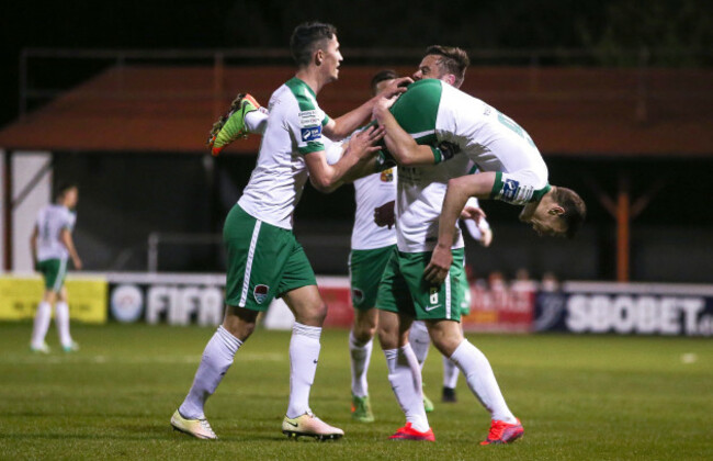 Gary Buckley celebrates scoring a goal with teammates