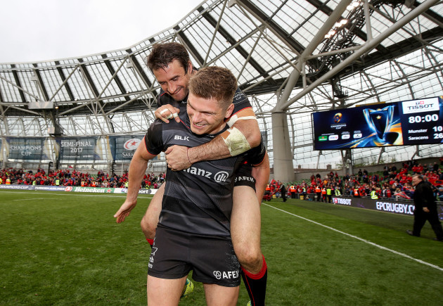 Marcelo Bosch and Owen Farrell celebrate after the game