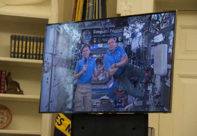President Trump hosts a video conference with NASA astronauts aboard the International Space Station