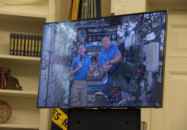President Trump hosts a video conference with NASA astronauts aboard the International Space Station