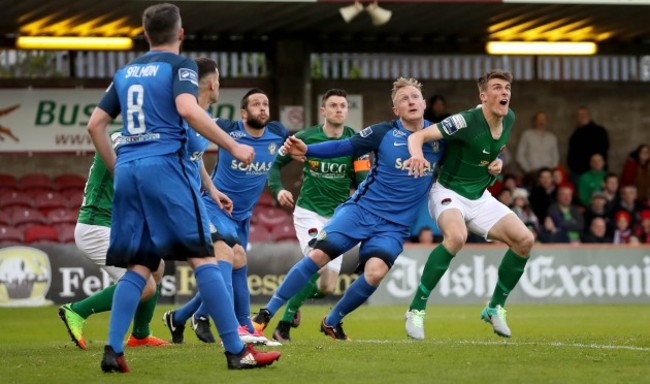 Ryan Delaney is fouled by Derek Foran to win a penalty