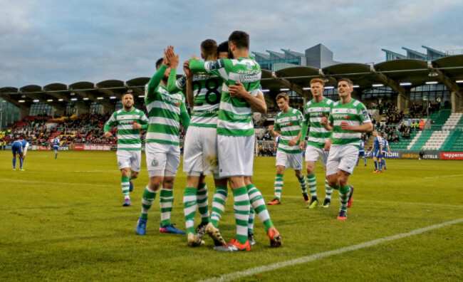 Roberto Lopes celebrates scoring the first goal of the game with team mates