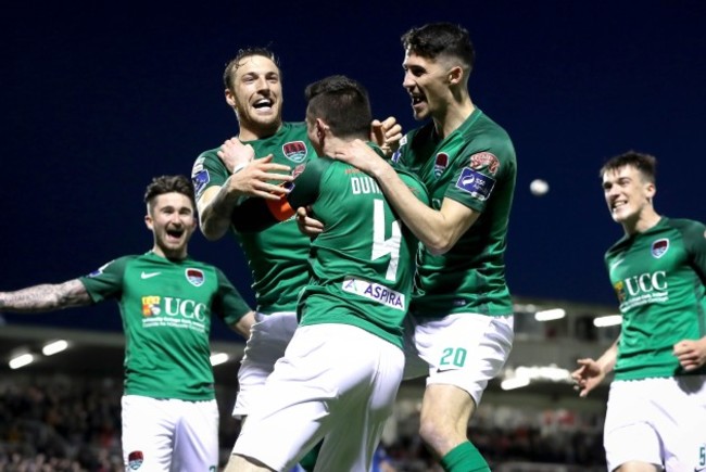 Johnny Dunleavy celebrates scoring with Karl Sheppard and Shane Griffin